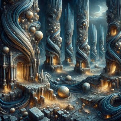 The primary subject of the image is a surreal, fantastical landscape featuring a series of tall, twisted towers and pillars. The setting is a dark, otherworldly environment, with a moon visible in the background. The visual style is digital art, creating a sense of depth and intricacy in the scene. The colors and mood are predominantly dark and mysterious, with the towers and pillars appearing to be made of stone or metal.